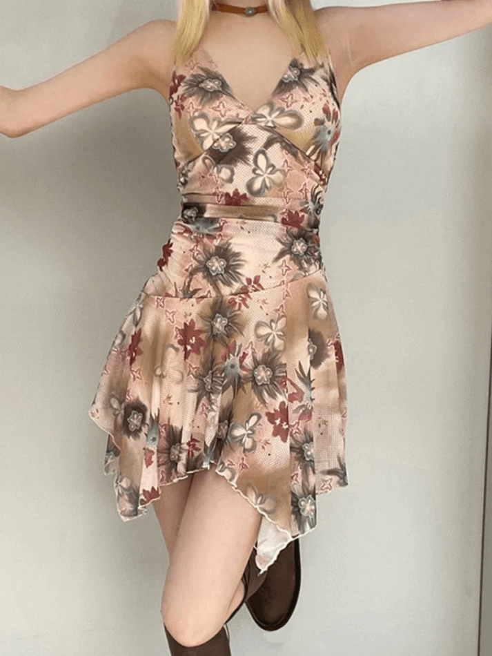 Sixsr V-Neck Floral Waist Pleated Mesh Mini Dresses