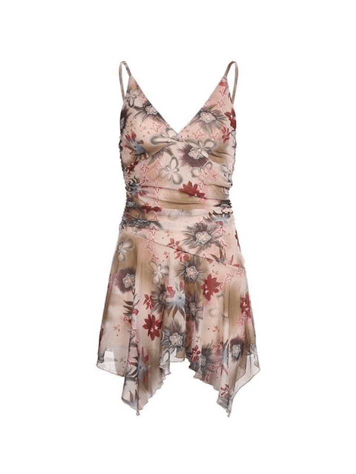 Sixsr V-Neck Floral Waist Pleated Mesh Mini Dresses