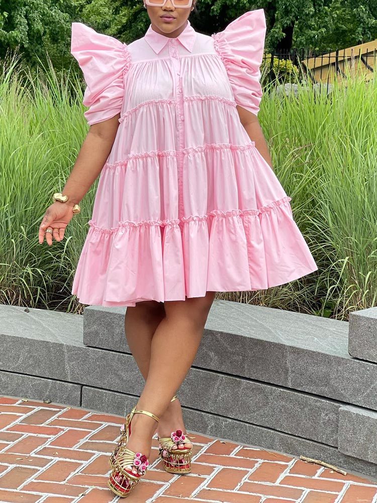 Sixsr Puff Sleeve Ruffle Shirt Dress