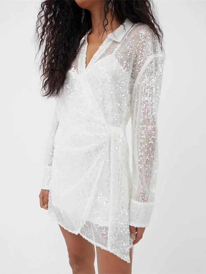 Sixsr White Sequin Shirt Mini Dress