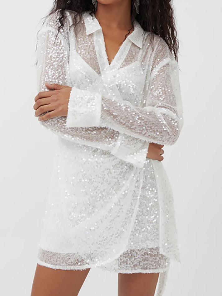 Sixsr White Sequin Shirt Mini Dress