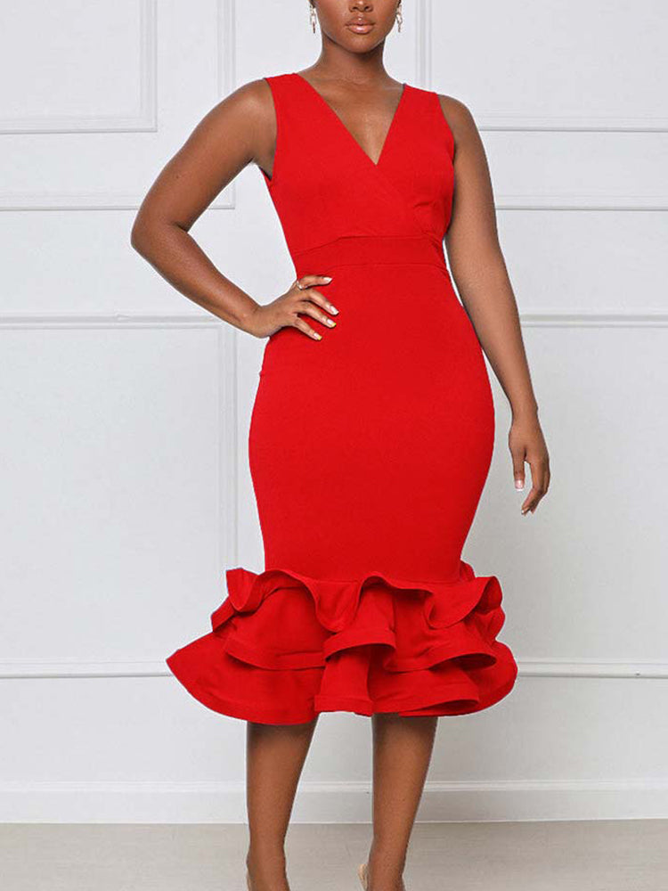 Sixsr Ruffled Trim Bodycon Midi Dress